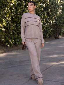 Andrea Bello Women's Casual Loose Contrast Color Knit Sweater Set, Long Sleeve Round Neck Top And Pants Set, Suitable For Spring, Autumn And Winter, Contrast Color Trim Knit Suit, Spring, Autumn And Winter Clothing, Commuting, Elegant, Casual Daily, Work Outfit,Fall - Khaki - View 6