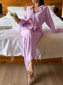 DAZY 2pcs Floral Pattern Loose Long Sleeve & Long Pants Women Pajama Set