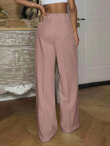 Ronhire Women High Waist Pleat Casual Straight Leg Trousers, Office Wear - Dusty Pink - View 3