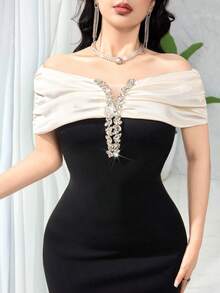 Feyla Women's Elegant Party Color Block Off Shoulder Rhinestone Decor Dress - Black - View 3