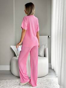 EURMUSE Women COTTON 2 Pcs Letter Slogan Embroidery Detail Rib Knit Detail Homewear Pajama Set - Pink - View 2