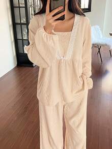 DAZY Söt texturerad jacquardstickad spetskant för kvinnors pyjamaset - Beige - Visa 3