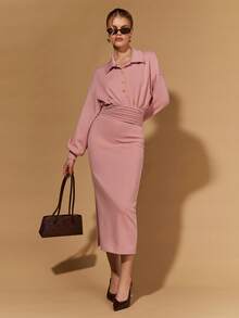 COSMINA 2pcs Women's Elegant Metal Decor Button Collared Shirt Set,Dusty Pink Autumn Elegant Brunch Long Sleeve Midi Modest Curve Skirt For Office Commute - Pink - View 7