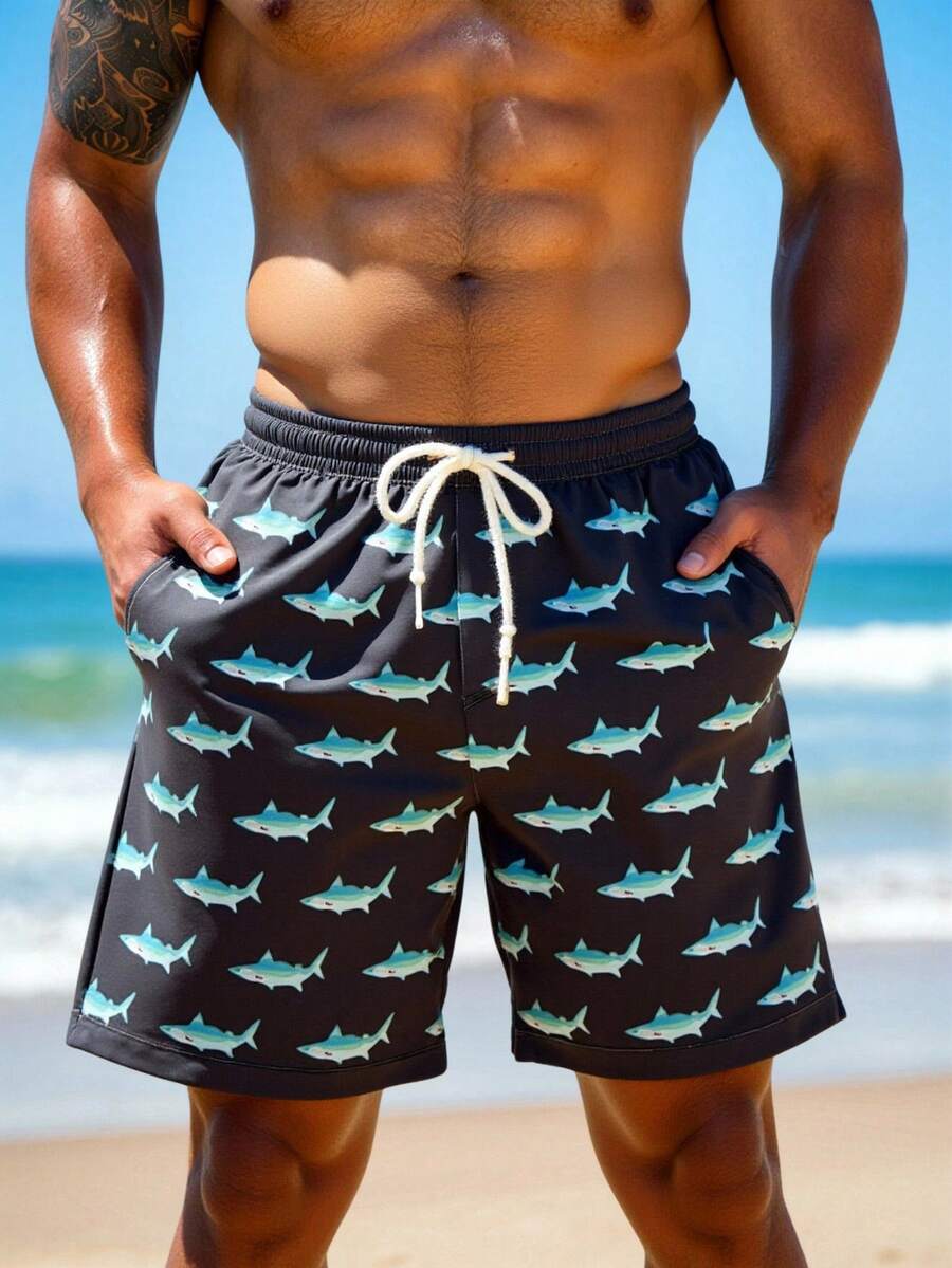 Manfinity Swimmode Men's Drawstring Waist Shark Print Pocket Casual Versatile Beach Shorts - Grey - View 1