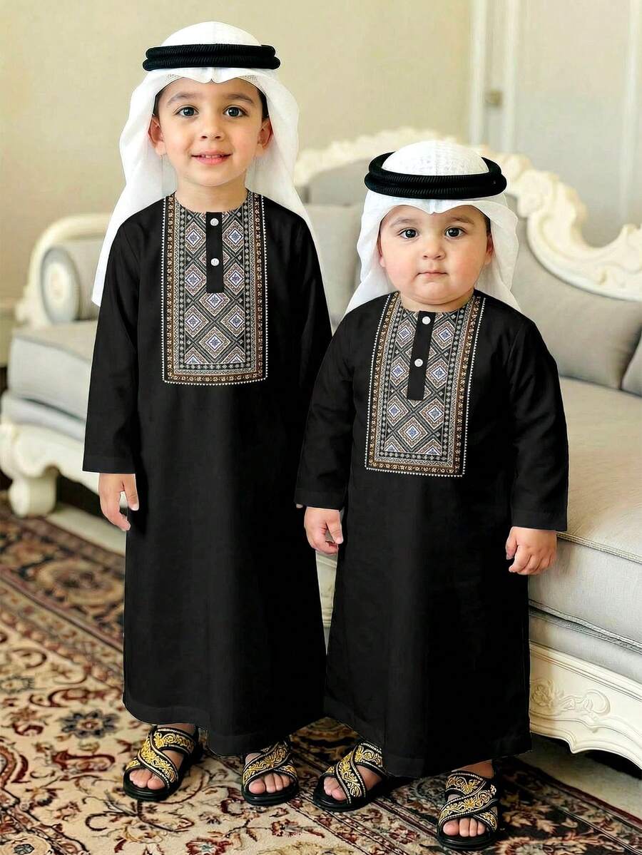 SHEIN 男童长衬衫，经典复古传统图案，阿拉伯文字印花，星星、月亮、宫廷灯笼图案，适合春夏穿着。 - 彩色 - 查看 1