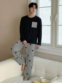 2pcs/Set Teenage Boys Black Knit Fabric Shirt With Chest Pocket & Pants With Classic Vertical Striped Star Print, Comfortable Soft Fabric, Casual Loose Fit Loungewear Set - Multicolor - View 5