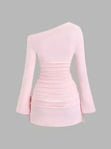 Sweetra Women's Asymmetric Ruffle Shoulder Wrap Dress, Long Sleeve, Suitable For Halloween, Outings, Commuting, Travel, Dates, Black - Pink - View 2