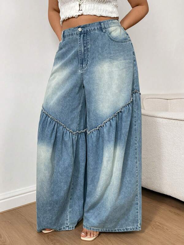 Sunnyshic Plus Size Women's Fashion Casual Vacation Wide Leg Denim Pants