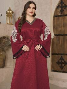 SHEIN Najma CURVE Casual Leaf Jacquard Fringe Trim Loose Long Sleeve Maxi Dress, Plus Size Women Turkish & Arabic Traditional Kaftan, Spring/Autumn - Red - View 6