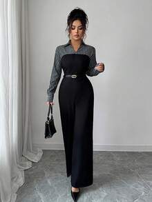 Rafferiza Women's Elegant Patchwork Long Sleeve Jumpsuit, Suitable For Commuting - Black - View 5