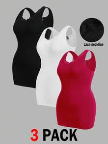 SHEIN Essnce 大码休闲百搭纯色蕾丝边吊带背心 - 彩色 - 查看 1