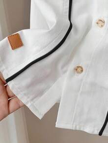 2pcs Baby Boy/Girl Decorated Ribbon Collar Short Sleeve Cardigan Top And Elastic Waist Casual Pants Set - Black and White - View 8