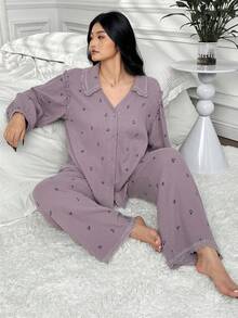Dazy Plus 2pcs Plus Size Women Ditsy Floral Loose Top With Lace Trim And Casual Pants Pajama Set, Elegant Home Wear - Dusty Purple - View 6
