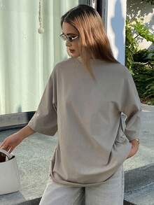 Áo thun nữ tay ngắn màu trơn tối giản, dáng rộng, phong cách công sở, thích hợp cho mùa xuân/hè. - Màu Khaki - Xem 7