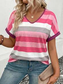 EMERY ROSE New Plus Size Women's Fashion Colorful Striped V-Neck Short Sleeve T-Shirt - Multicolor - View 4