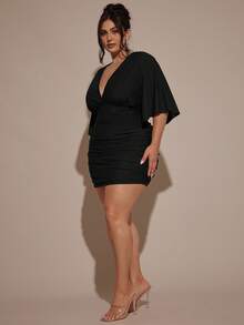 SHEIN BAE Plus Size Women V-Neck Mini Green Christmas Dress - Black - View 5