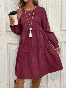 EMERY ROSE 女士休闲中长连衣裙，圆领，长袖，荷叶边下摆 - 酒紅色 - 查看 6