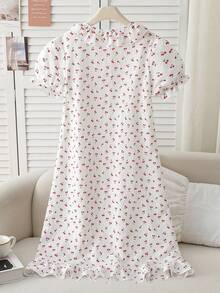 Tween Girl Floral Puff Sleeve Ruffle Hem Nightgown - White - View 2