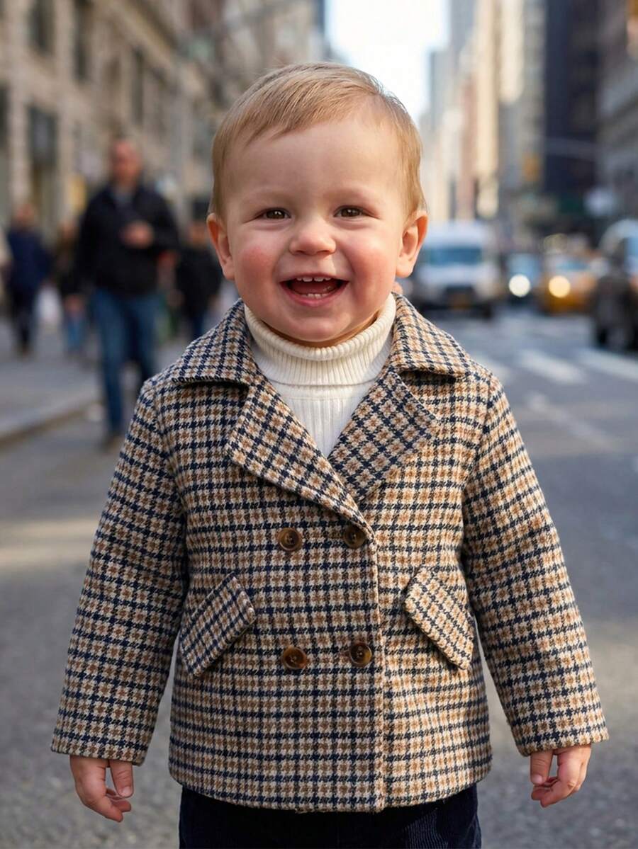 Souflis Souflis 法式复古秋冬新款优雅格纹翻领长袖大衣，适合外出、上学及各种场合，男士及男孩均可穿着。