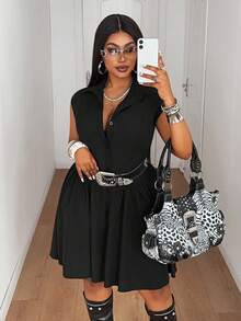 Maweii Plus Size Women Summer Casual Elegant Cap Sleeve Waist Design Dress, Suitable For Commute, Daily Wear, Party And Gathering - Black - View 4