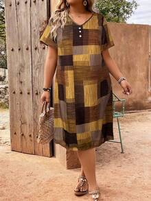 EMERY ROSE Plus Size Plaid Patchwork Print V-Neck Button Decor Dress - Coffee Brown - View 3
