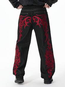 ROMWE MEN Street Life 男士印花口袋休闲牛仔裤，街头时尚 - 黑色 - 查看 2