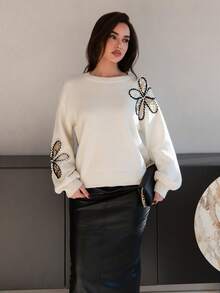 Bris Aura CONTRAST SEQUIN EMBROIDERY PULLOVER SWEATER - Apricot - View 2