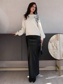 Bris Aura CONTRAST SEQUIN EMBROIDERY PULLOVER SWEATER - Apricot - View 4