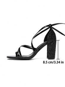 CUCCOO SZL 女士时尚黑色系带粗跟高跟凉鞋，适合通勤、约会、聚会等场合 - 黑色 - 查看 4