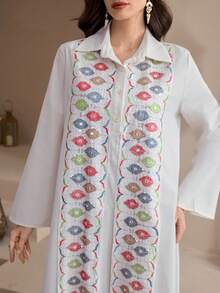 Al Najma 女士保守刺绣领连衣裙 - 白色 - 查看 1