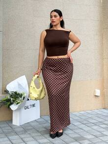 GalTyme Plus Size Elegant Polka Dot Print Fishtail Skirt, Suitable For Commuting - Brown - View 4