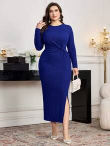 Modelyn 大码优雅纯色扭结连衣裙，适合派对穿着 - 藍色 - 查看 5