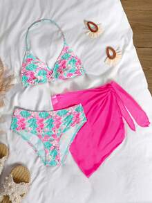 SHEIN 少女三件套，粉色，贝壳印花，泳衣背心套装，度假沙滩风 - 玫紅色 - 查看 2