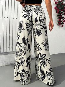EURMUSE Floral Print Wide Leg Casual Vacation Pants - Black and White - View 3