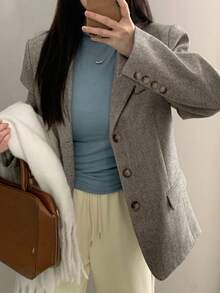 DAZY 女士休闲人字纹羊毛风衣春秋夹克 - 卡其色 - 查看 5