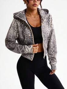 Slayform Women's Leopard Print Hooded Sweatshirt Jacket, Long Sleeve Loose Casual Zipper Sweatshirt Top - Black and White - View 5