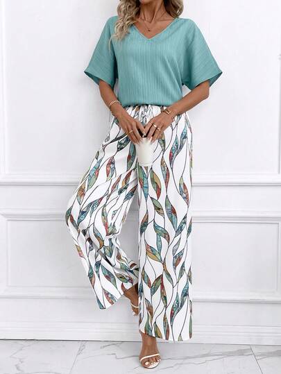 SHEIN Clasi 女士新款优雅纯色V领宽松上衣和阔腿裤两件套