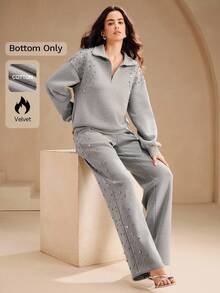 Anewsta 时尚保暖宽松阔腿灰色女式运动裤，适合秋季、节日、春季穿着，亮片装饰，时尚休闲。 - 灰色 - 查看 1