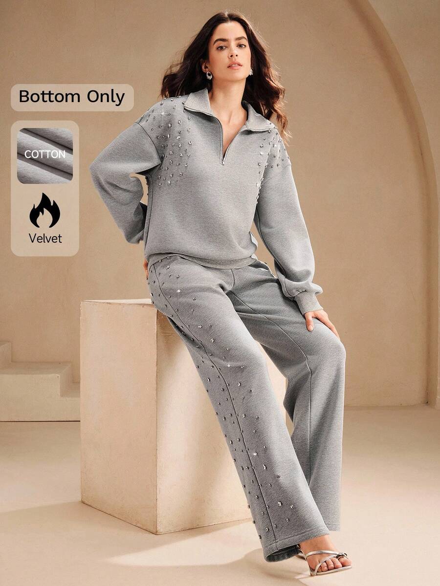 Anewsta 时尚保暖宽松阔腿灰色女式运动裤，适合秋季、节日、春季穿着，亮片装饰，时尚休闲。 - 灰色 - 查看 1