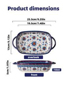 Rectangular Ceramic Baking Dish - Handcrafted With Floral Pattern & Dual Handles, Oven-To-Table Dish For Roasting & Serving (730ml) - Multicolor - View 3