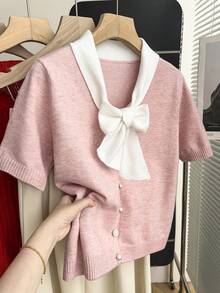 SHEIN Franclia New Arrival Spring/Summer Casual Sweet Cute Bow Tie Knitted Sweater For Women Pink Bow Top Preppy Tops Bow Clothes Light Pink Sweater Rose Top - Pink - View 3