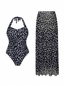 Swim Oasis Completo da donna taglie forti, stampa a pois casuale bianco e nero, moda vacanza e casual, gonna lunga in rete con stampa a pois abbinata a bikini, outfit di alta qualità - nero - Visualizzare 7