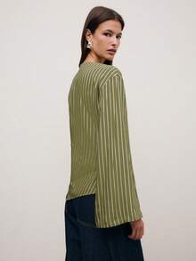 Nöista Striped Boat-Neck Top With Flared Sleeves, Relaxed Fit, And Asymmetrical Hem. Versatile For Spring Break Layering - Dark Green - View 2
