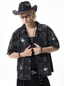 ROMWE MEN Street Life 男士水钻十字贴花落肩单排扣休闲牛仔衬衫 - 黑色 - 查看 4