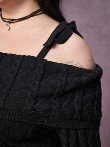 ROMWE Goth 1pc Plus Size Women Shoulder Ripped Design Shoulder Strap Bodycon Dress/Winter - Black - View 2