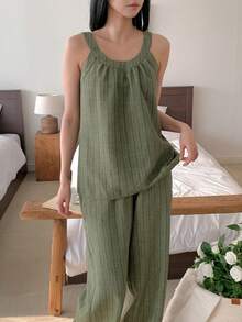 DAZY 极简条纹无袖休闲女式睡衣套装 - 綠色 - 查看 5