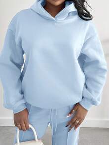 Alexandranx Summer Outfits Women's Simple Casual Solid Color Pullover Hooded Long Sleeve Hoodie Without Drawstring Oversize In Fall/Winter - Baby Blue - View 5