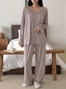 DAZY 女士舒适针织褶皱设计家居服套装 - 灰色 - 查看 8