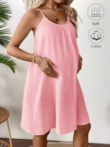 SHEIN Maternity Solid Color Spaghetti Strap Sleeveless Textured Fabric Casual Summer Dress - Pink - View 3