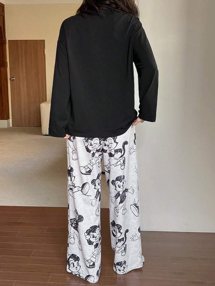Cute Cartoon Print Long Sleeve Top And Pants Women Pajama Set